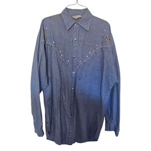 Vtg Andrew Sport Denim Embroidered and Beaded Pattern Button-Front Blouse Small